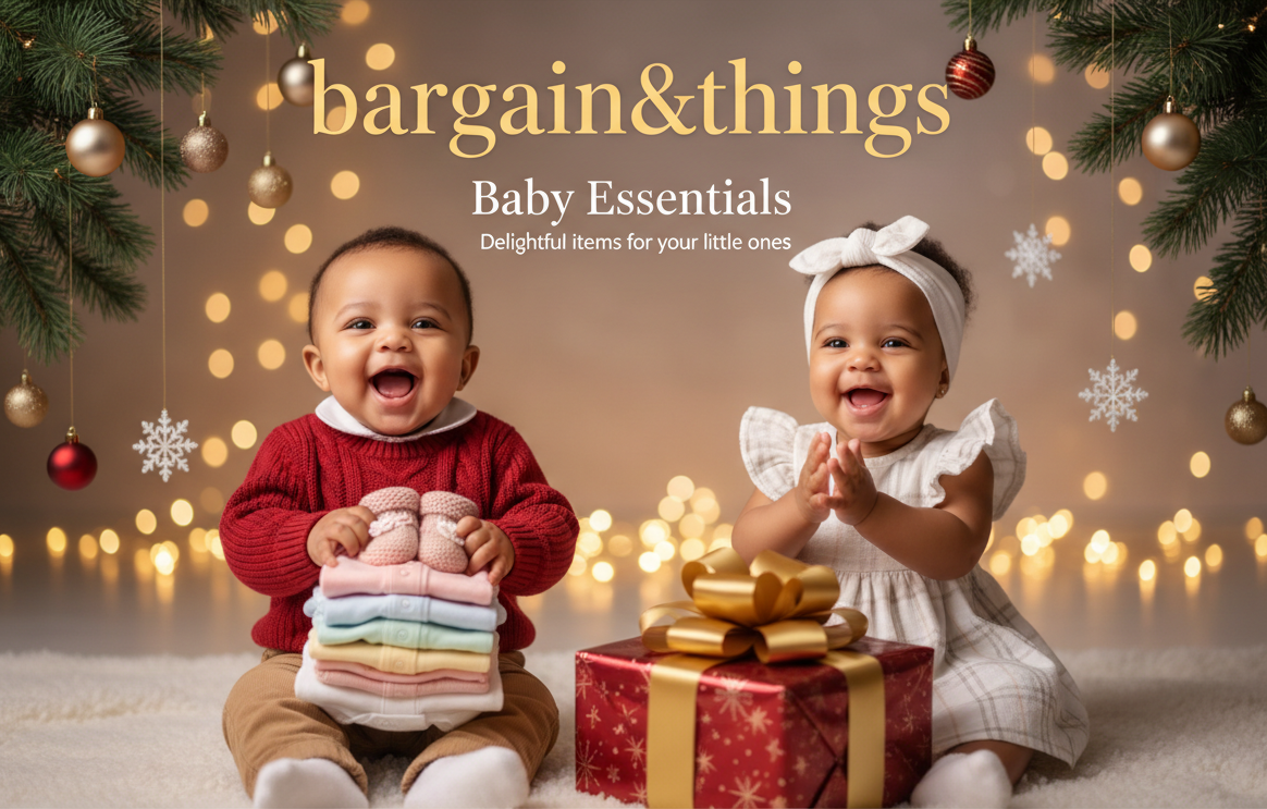 website banner with smiling baby holding baby clothing smiling with christmas gift next to him, both boy and girl babies. on banner explain 